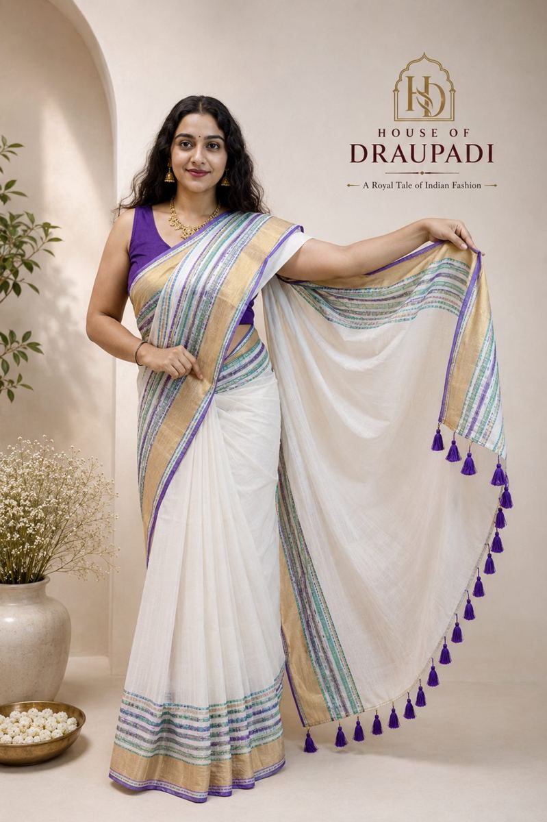 Ivory mul cotton saree with lavender border, worn with a lavender blouse