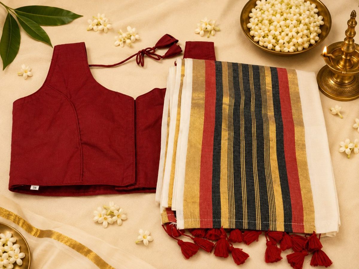 Maroon blouse with striped kasavu saree
