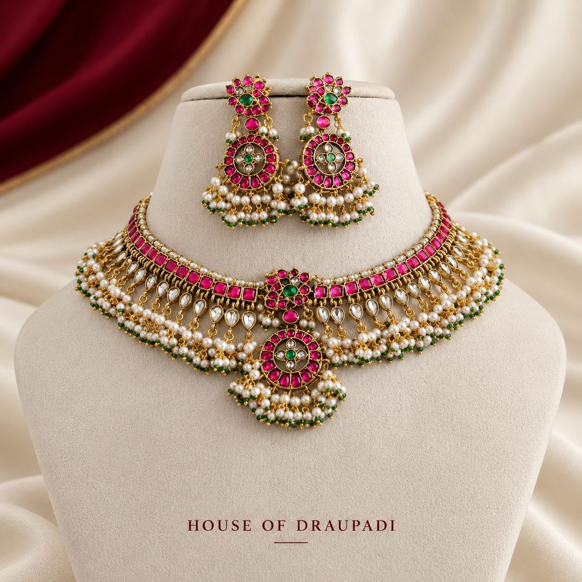 Pearl and kundan choker set on a bust