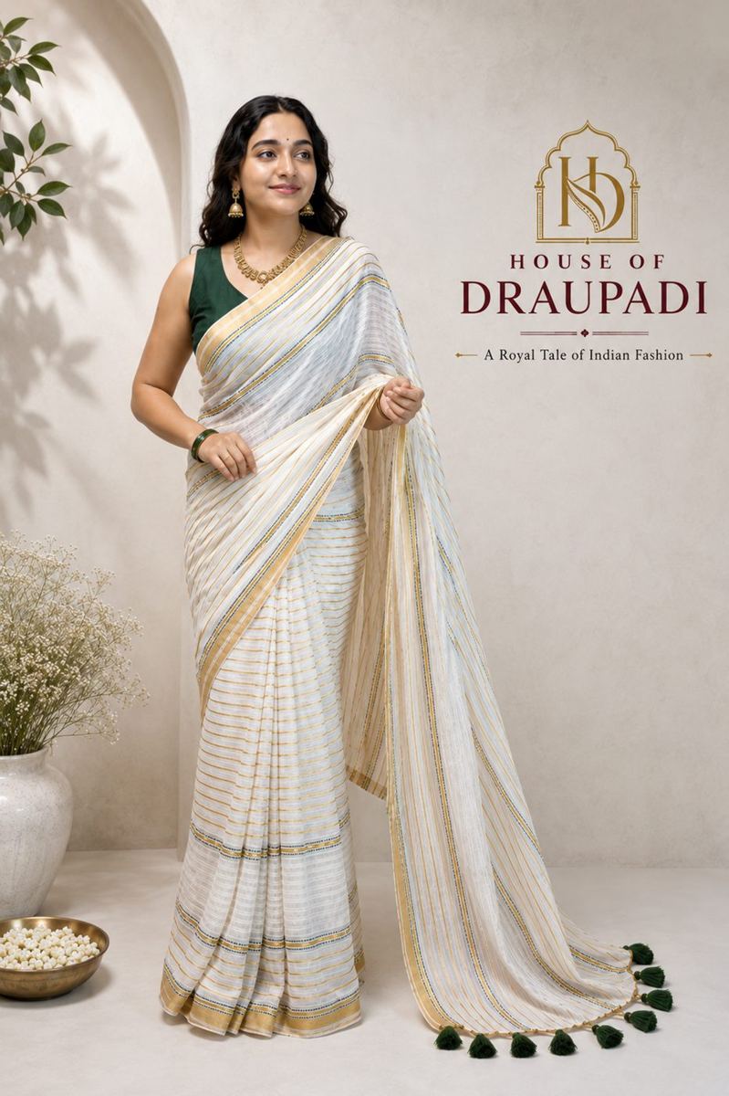 Premium 120-count mul saree with gold stripes and green tassels, worn